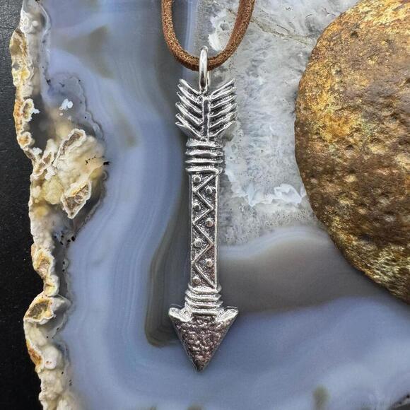 Gary Custer Sterling Tufa Cast Unisex Arrow Pendant w/Adjustable Leather Cord